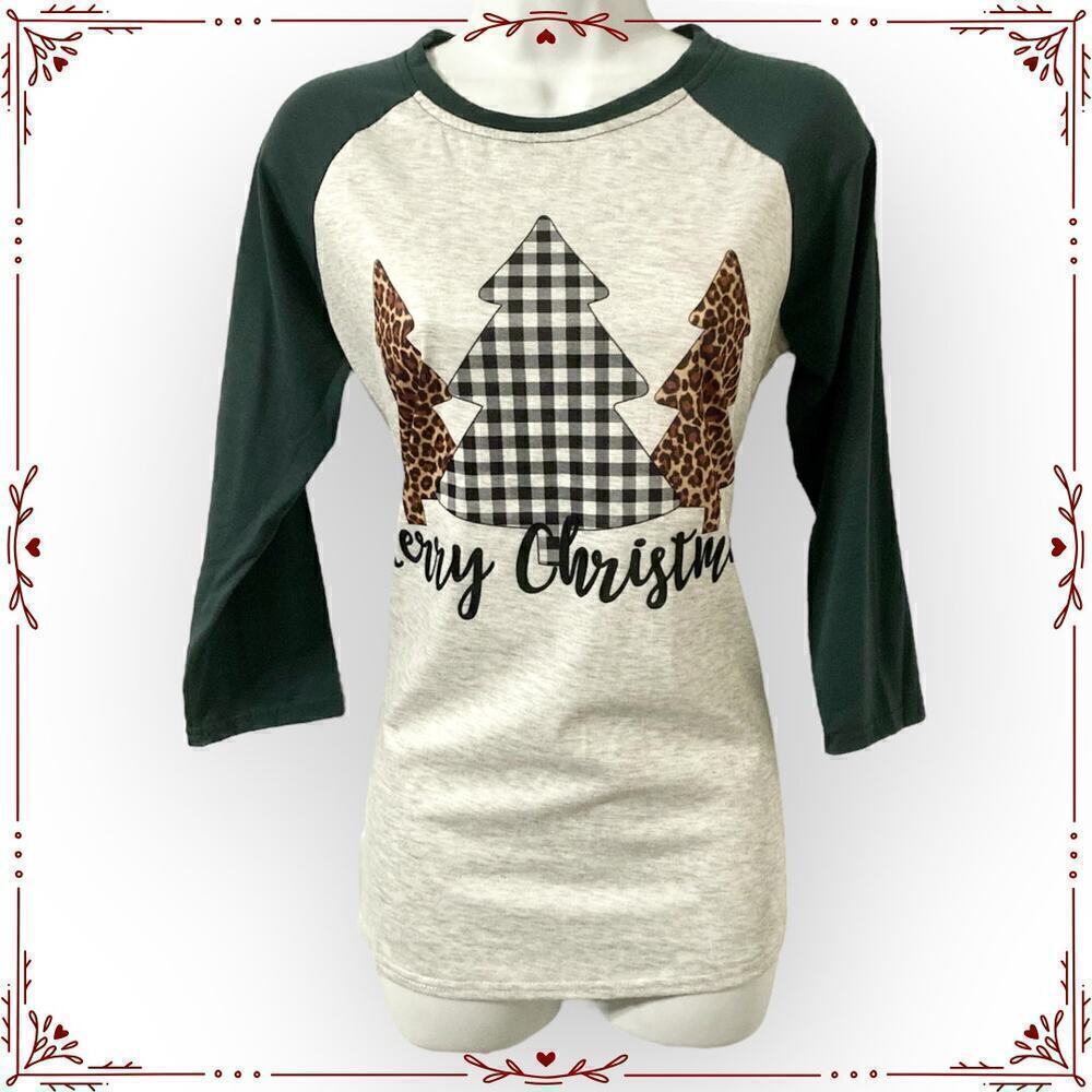 Women's M Plaid and Leopard Christmas Tree Top